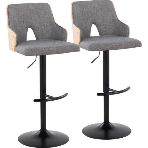 Stella Adjustable Swivel Bar Stool in Black Metal, Natural Wood & Light Grey Fabric (Set of 2)